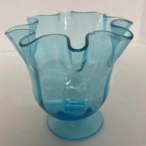 Vintage Blue Wave Glass Pedestal Vase 7" tall Great condition, no cracks